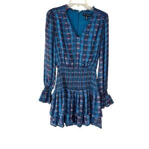 AQUA x Pendleton Blue Aztec Print Smocked Ruffle Long Sleeve Dress M